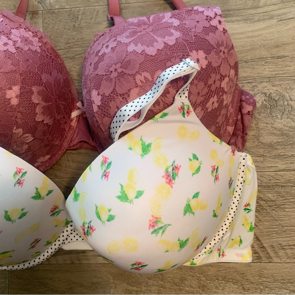 Victoria Secret Bundle 2 Bras Lace Perfect Shape Lemon Print Push Up - Picture 6 of 13